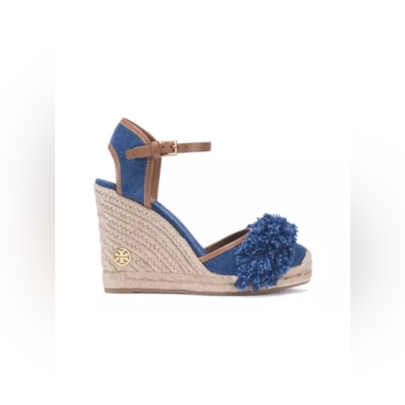 Tory Burch Women Shaw Blue Denim Royal Tan Espadrille Wedge Sandals 9.5 $325 New - Picture 1 of 5